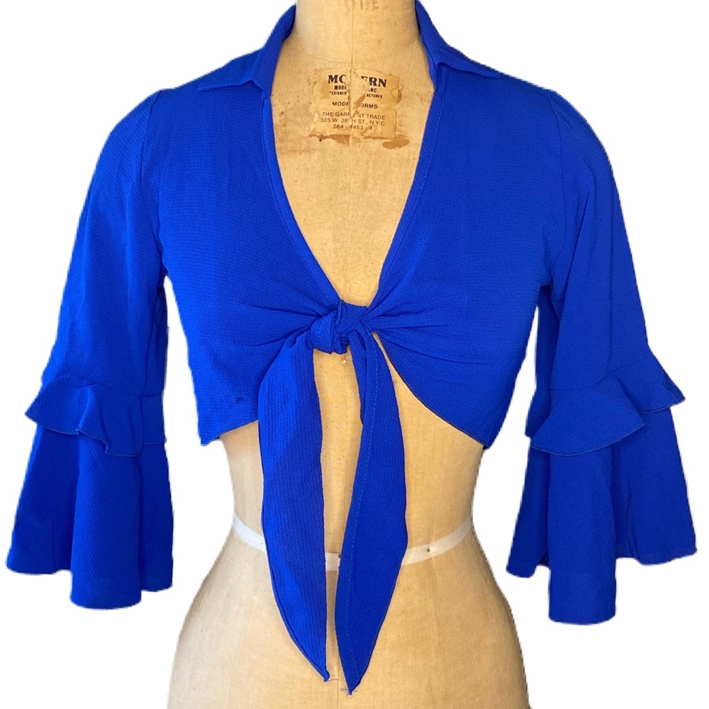 Royal Blue Tie Front Frill Sleeve Crop Top